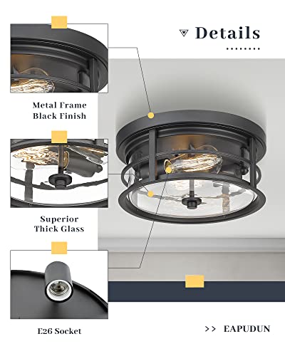 EAPUDUN Flush Mount Ceiling Light, 12inch 2-Light Metal Close to Ceiling Light Fixture, Matte Black Finish with Clear Glass Shade for Hallway Entryway Bedroom Porch FMA1412-MBK - Image 4