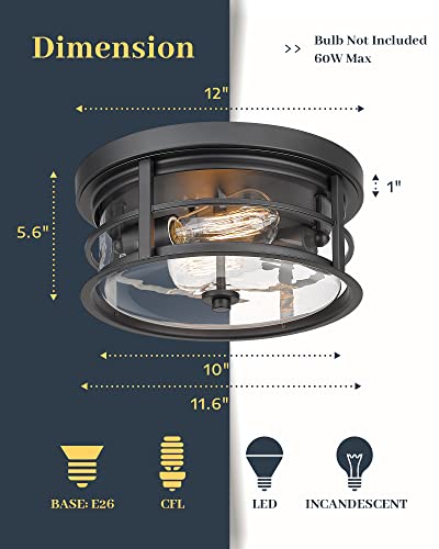 EAPUDUN Flush Mount Ceiling Light, 12inch 2-Light Metal Close to Ceiling Light Fixture, Matte Black Finish with Clear Glass Shade for Hallway Entryway Bedroom Porch FMA1412-MBK - Image 5