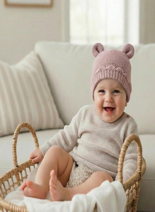 LAWKUL Baby Beanie Hat Winter 100% Cotton with Cute Bear Ear Cap Soft Warm for Infant Toddler Boy Girl 0-6 Months, Pink, 3-18 Months - Image 4