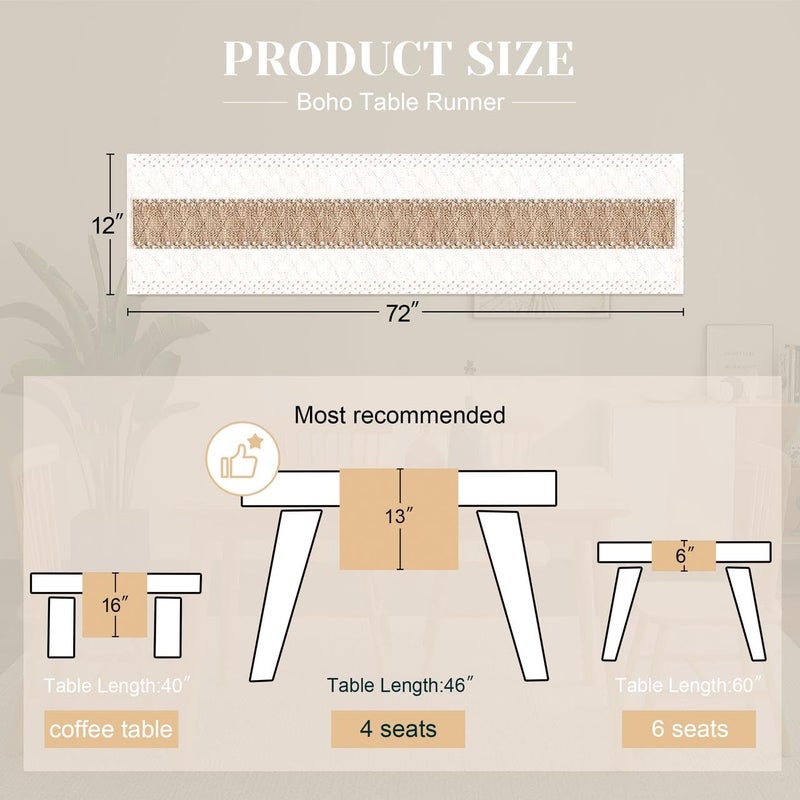 FEXIA Boho Table Runner for Home Decor with Out Tassels 72 Inches Long Farmhouse Rustic Table Runner Macrame Burlap Table Decoration for Living Room Bridal Shower(12x72 Inches) - Image 2