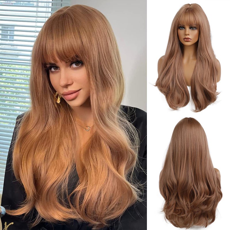 Esmee 24 Inches Strawberry Blonde Long Wavy Wig with Bangs for Women Natural Synthetic Hair Heat Resistant Wigs for Daily Party Cosplay Wear - Image 1