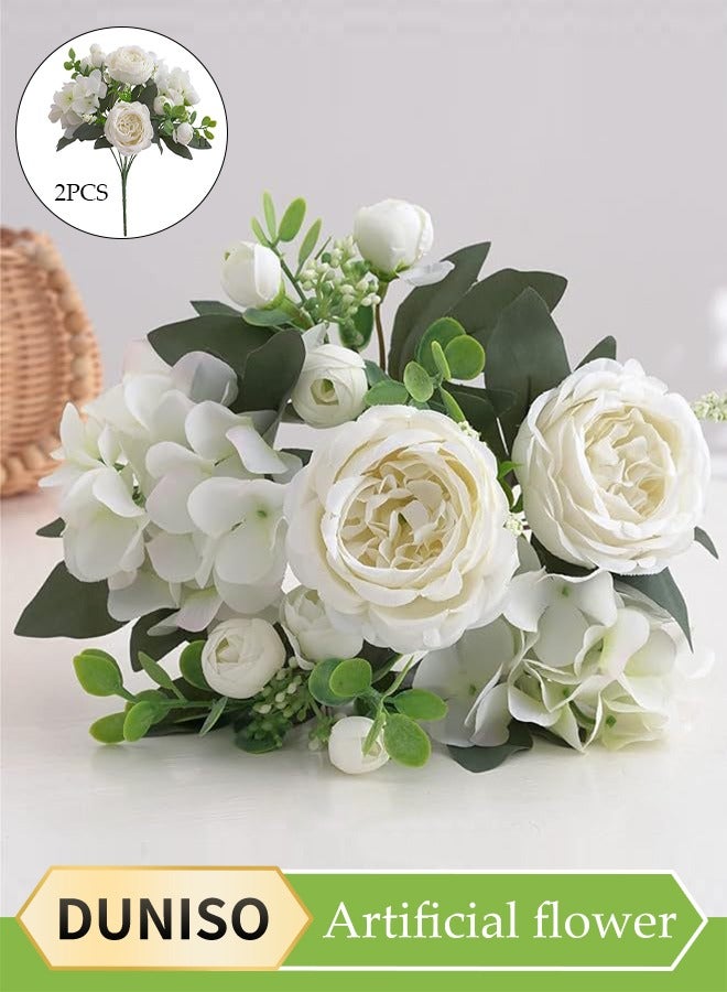 DUNISO طقم باقة زهور بيوني اصطناعية مكون من 2 قطعة، زهور بيوني اصطناعية وبراعم زهور، زهور مزخرفة مزيفة، زينة باقات الزفاف المنزلية، تستخدم لتزيين المنزل، المكتب، طاولة الغرفة، طاولة المكتب - Image 1