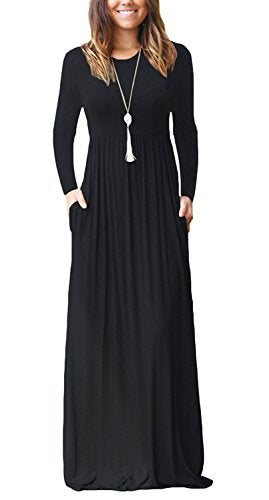 GRECERELLE Women Long Sleeve Casual Round Neck Loose Maxi Long Dress with Pockets, Black, L - Image 5