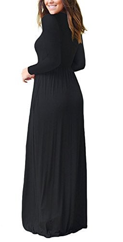 GRECERELLE Women Long Sleeve Casual Round Neck Loose Maxi Long Dress with Pockets, Black, L - Image 3