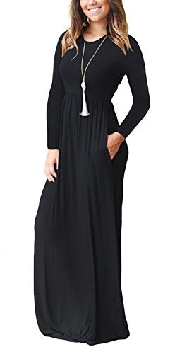 GRECERELLE Women Long Sleeve Casual Round Neck Loose Maxi Long Dress with Pockets, Black, L - Image 2
