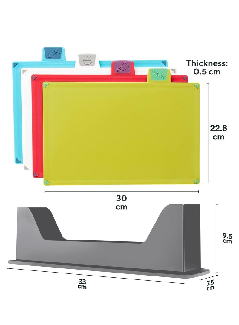 Hihonor Cutting Boards, 4pcs Chopping Board Kit with Drainage Holder Stand&Easy Gripped Handle Color Marked Cutting Boards Non-slip Durable Kitchen Food Cutting Mats Set for Meat Fruit Vegetable Fish  - Image 3