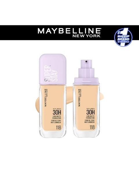 كريم أساس ميبيلين سوبر ستاي لومي مات، ثبات يدوم 30 ساعة، خفيف الوزن، مقاوم للماء، مقاوم للعرق، مقاوم للحرارة، يبقى اللون ثابتًا طوال اليوم. درجة 118