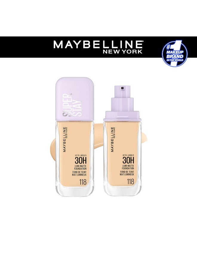 MAYBELLINE NEW YORK MAYBELLINE SUPER STAY LUMI-MATTE FOUNDATION 30H LONGWEAR, LIGHTWEIGHT, WATERPROOF, SWEATPROOF, HEATPROOF, STAY TRUE TO TONE ALL DAY, 118  - Image 1