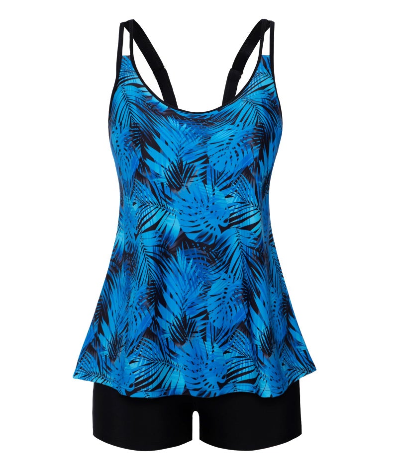 Arolina Womens Swimsuits Tummy Control Printed Tankini Sets High Waist Beach Flowy Blue Leaves Swimwear with Shorts X-Large - Image 1