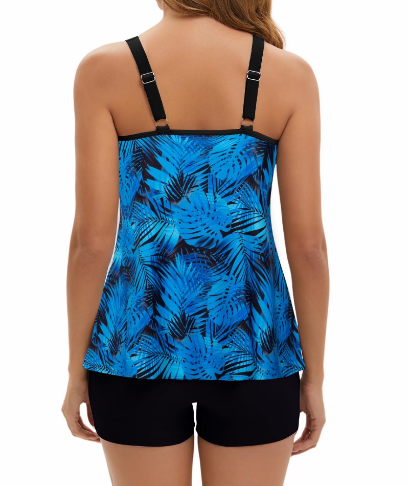 Arolina Womens Swimsuits Tummy Control Printed Tankini Sets High Waist Beach Flowy Blue Leaves Swimwear with Shorts X-Large - Image 3