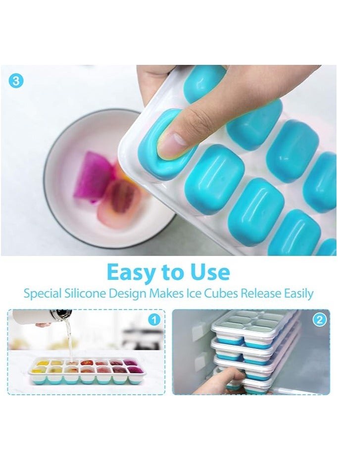 MahMir 4 Piece Pack, Easy-Release Flexible & Silicone 14-Ice Trays with Spill-Resistant Removable Lid, and BPA Free, for Cocktail, Freezer, Stackable Chocolate Trays with Lids (Blue )  - Image 3