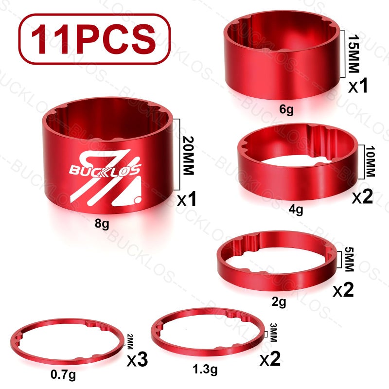 BUCKLOS 11 PCS Bike Headset Spacer Aluminum Alloy/Carbon Fiber 20 15 10 5 3 2 mm for Bicycle, 1-1/8 Inch Fork Handlebar Stem Spacers Threadless, fit in MTB Road BMX Folding Bikes. - Image 2