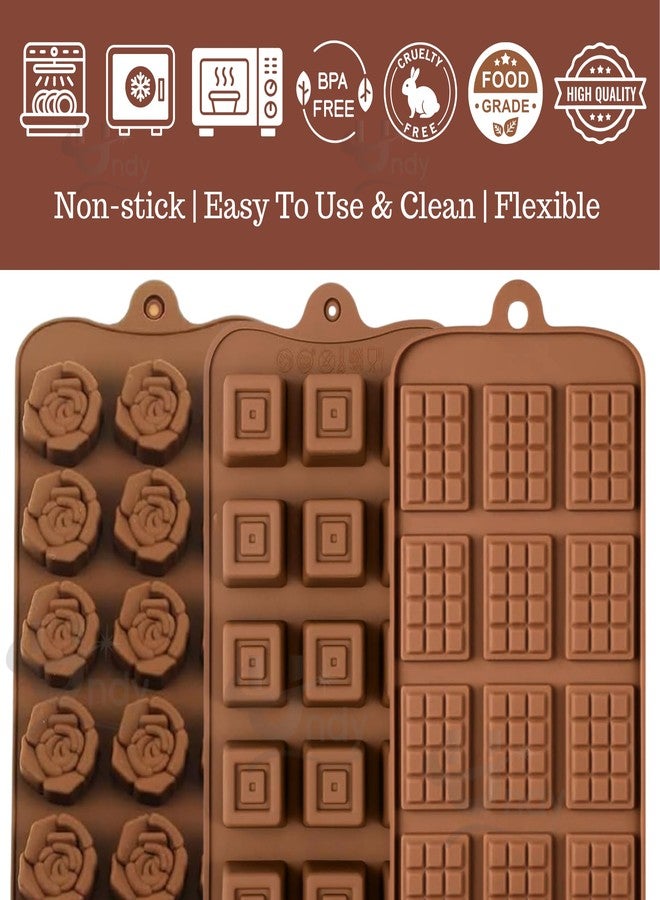 Undy Chocolate Mould Silicone Flowers Square Break Apart Mini Bars Shape Chocolate Mould for Chocolate Making Multipurpose Jelly Ice Cubes Cake Decoration Tools, 3 PCS, Brown - Image 3