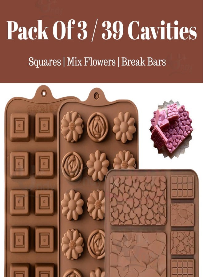 Undy Chocolate Mould Silicone Flowers Square Break Apart Mini Bars Shape Chocolate Mould for Chocolate Making Multipurpose Jelly Ice Cubes Cake Decoration Tools, 3 PCS, Brown - Image 2