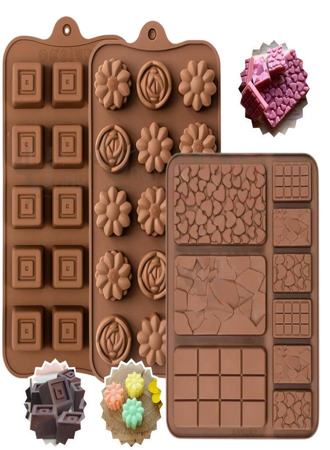 Undy Chocolate Mould Silicone Flowers Square Break Apart Mini Bars Shape Chocolate Mould for Chocolate Making Multipurpose Jelly Ice Cubes Cake Decoration Tools, 3 PCS, Brown - Image 1