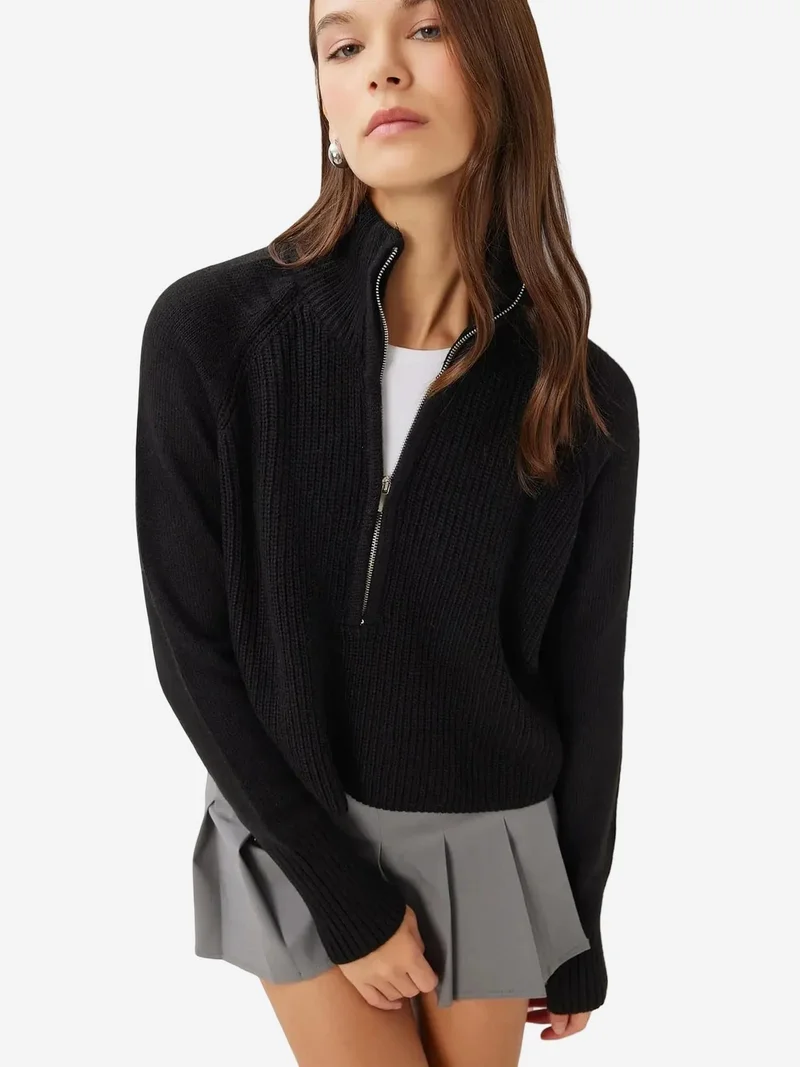 Happiness İstanbul ISTANBUL Ribbed Zipper Collar Knit Sweater