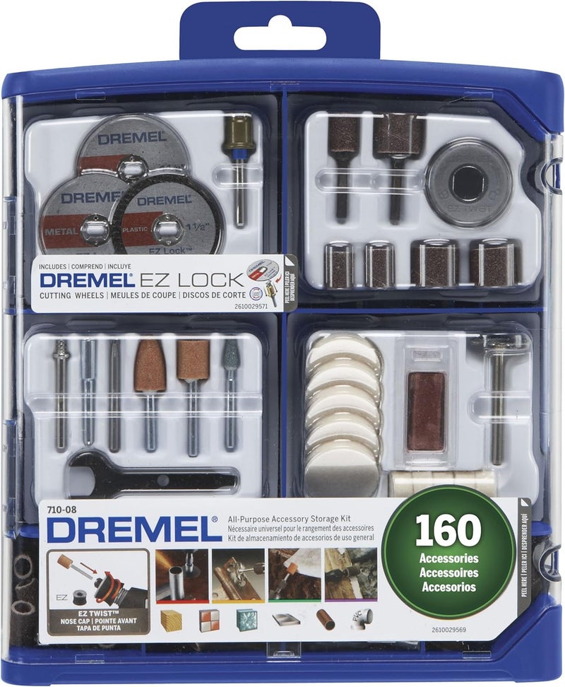 DREMEL 160-Piece Rotary Tool Accessory Kit with EZ Lock Technology - 1/8" Shank - Cutting Bits, Polishing Wheel and Compound, Sanding Drums & Disc (710-08) - Image 1