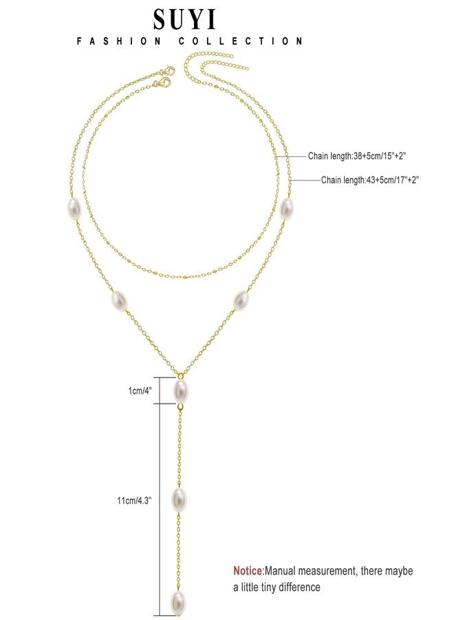 Suyi Lariat Necklace for Women Gold Dainty Long Necklace 14k Gold Plated Y-Shaped Necklaces Pearl Gold 1 - Image 4
