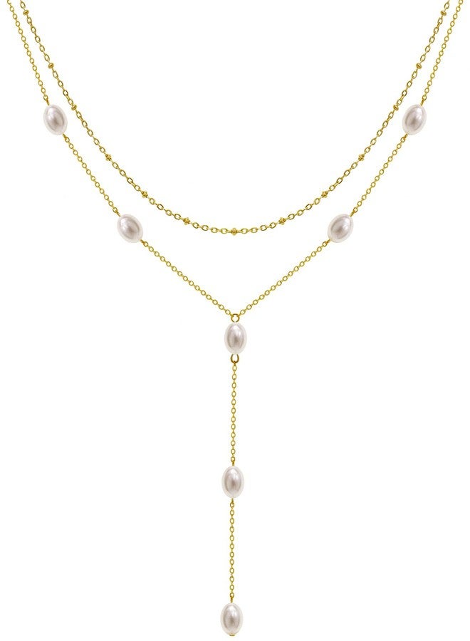 Suyi Lariat Necklace for Women Gold Dainty Long Necklace 14k Gold Plated Y-Shaped Necklaces Pearl Gold 1 - Image 1