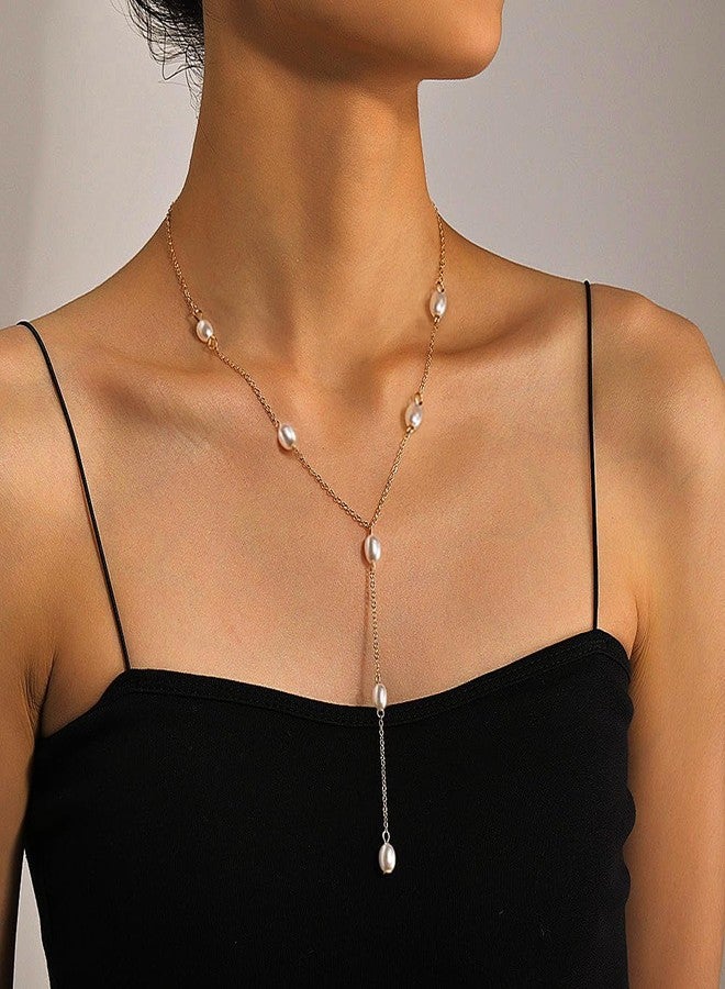 Suyi Lariat Necklace for Women Gold Dainty Long Necklace 14k Gold Plated Y-Shaped Necklaces Pearl Gold 1 - Image 3