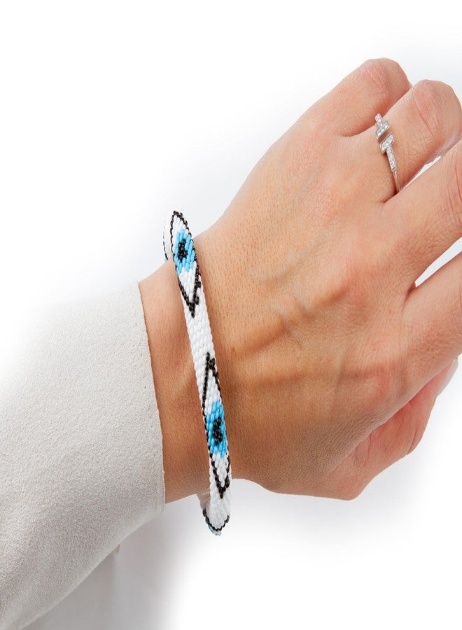 Naz Collection, Evil Eye Protection Bangle Bracelet, Bohemian Stackable Beaded Bracelets, Handmade Multicolor Bohemian Stacking Crochet Bracelet, Boho Charm Beach Jewelry for Women&Girls, Gift for Her (White) - Image 4