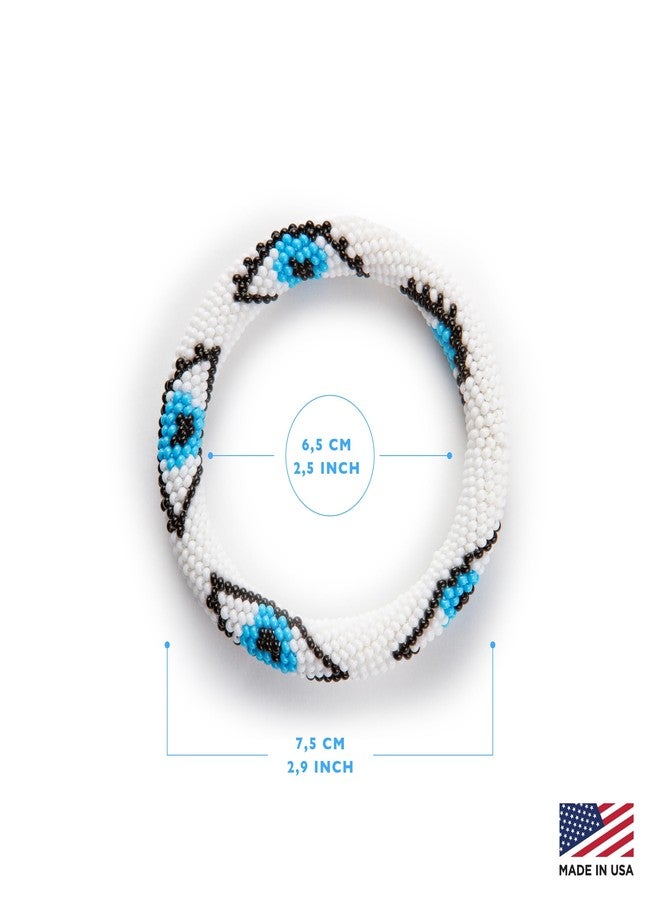 Naz Collection, Evil Eye Protection Bangle Bracelet, Bohemian Stackable Beaded Bracelets, Handmade Multicolor Bohemian Stacking Crochet Bracelet, Boho Charm Beach Jewelry for Women&Girls, Gift for Her (White) - Image 3