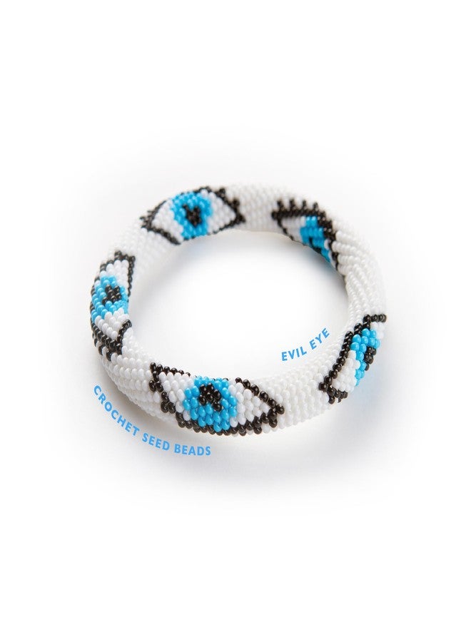 Naz Collection, Evil Eye Protection Bangle Bracelet, Bohemian Stackable Beaded Bracelets, Handmade Multicolor Bohemian Stacking Crochet Bracelet, Boho Charm Beach Jewelry for Women&Girls, Gift for Her (White) - Image 2