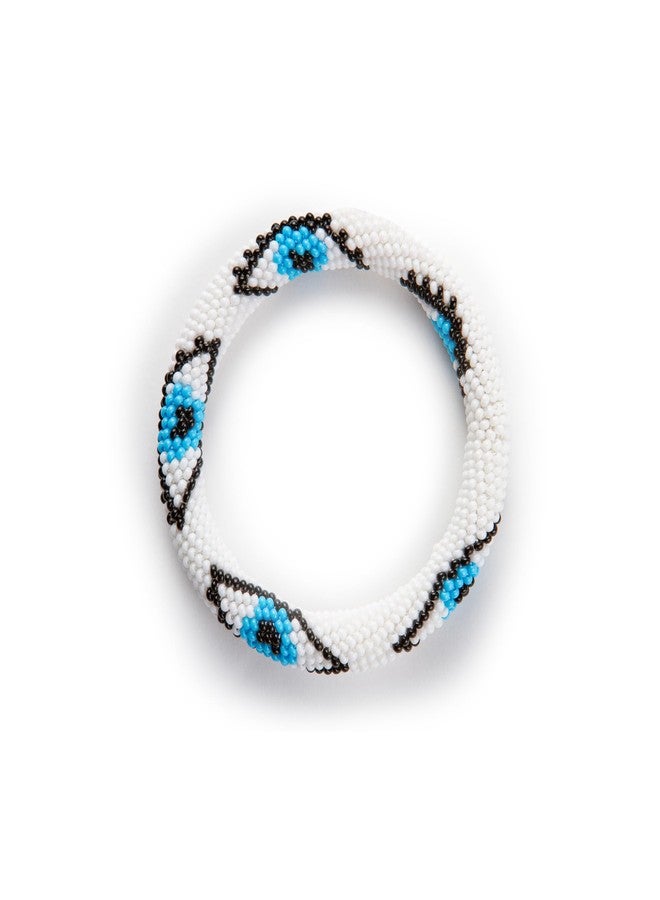 Naz Collection, Evil Eye Protection Bangle Bracelet, Bohemian Stackable Beaded Bracelets, Handmade Multicolor Bohemian Stacking Crochet Bracelet, Boho Charm Beach Jewelry for Women&Girls, Gift for Her (White) - Image 1