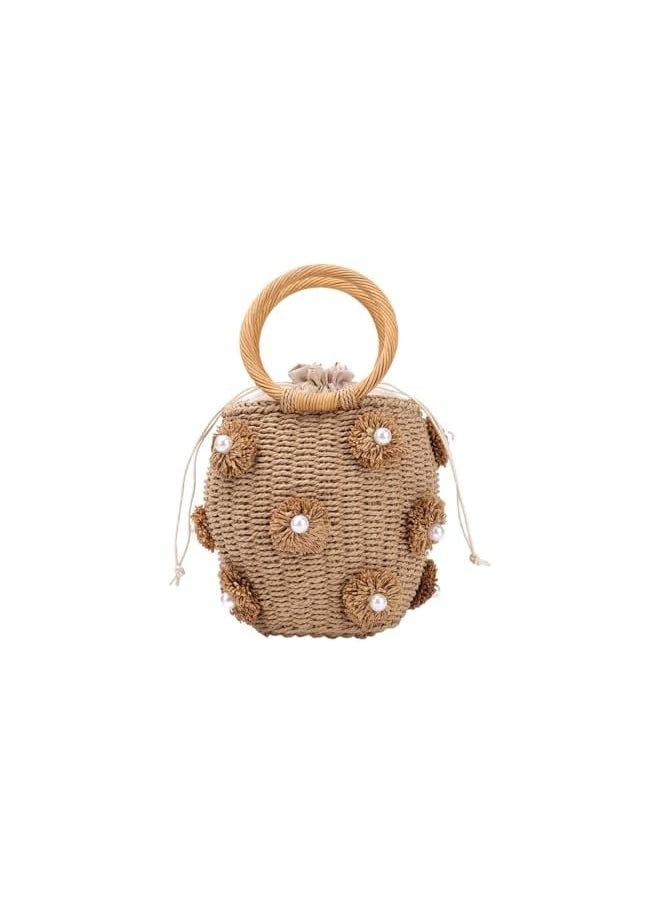 Loquat Straw Beach Bag for Women Summer Beach Cylinder Shoulder Handbag Handwoven Clutch Purse with Removable Straps  - Image 1