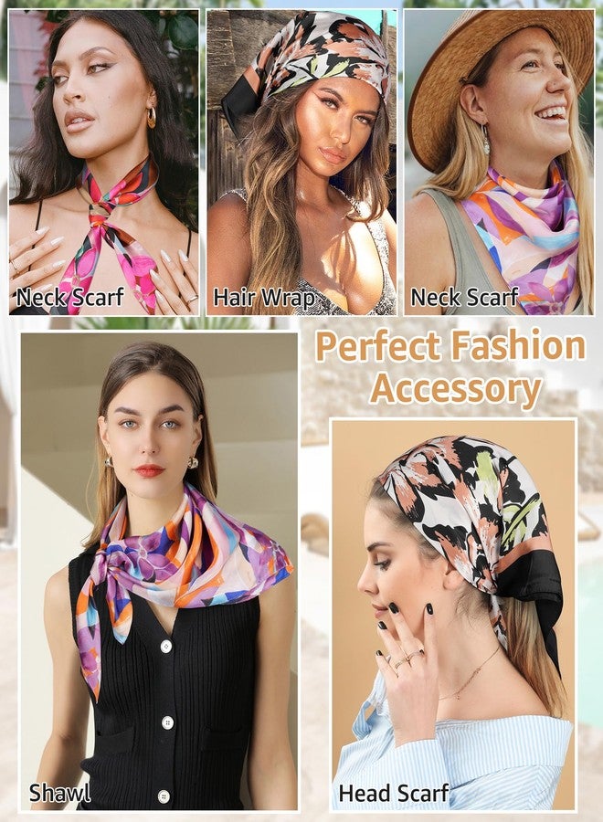 سي اتش ال اي انس اس وشاح رأس ساتان من CHLINS، 4 قطع، مقاس 27.5 بوصة، وشاح حريري للنساء، وشاح شعر خفيف الوزن، وشاح للرأس، وشاح للرقبة، لفافة شعر (أسود + برتقالي + بنفسجي + وردي) - Image 3