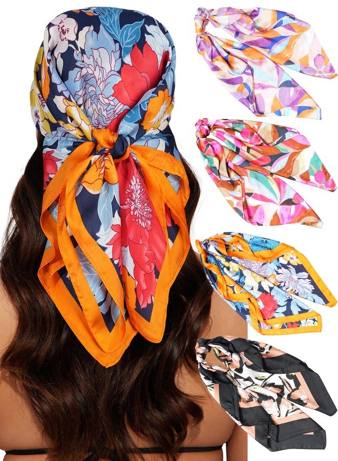 سي اتش ال اي انس اس وشاح رأس ساتان من CHLINS، 4 قطع، مقاس 27.5 بوصة، وشاح حريري للنساء، وشاح شعر خفيف الوزن، وشاح للرأس، وشاح للرقبة، لفافة شعر (أسود + برتقالي + بنفسجي + وردي) - Image 1