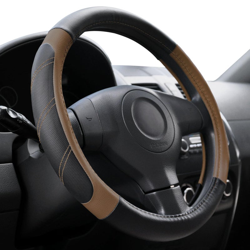 Elantrip Leather Steering Wheel Cover 14 1/2 to 15 inch Universal Padded Soft Grip Breathable for Car Truck SUV Jeep Anti Slip Brown - Image 1