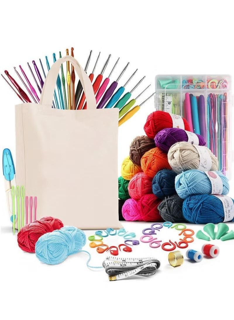 XiuWoo - 73 Piece Crochet Kit with Hooks Yarn Set Premium Bundle Includes Balls Needles Accessories Canvas Tote Bag and Lot More Starter Pack for Kids Adults Beginner Professionals - Image 1