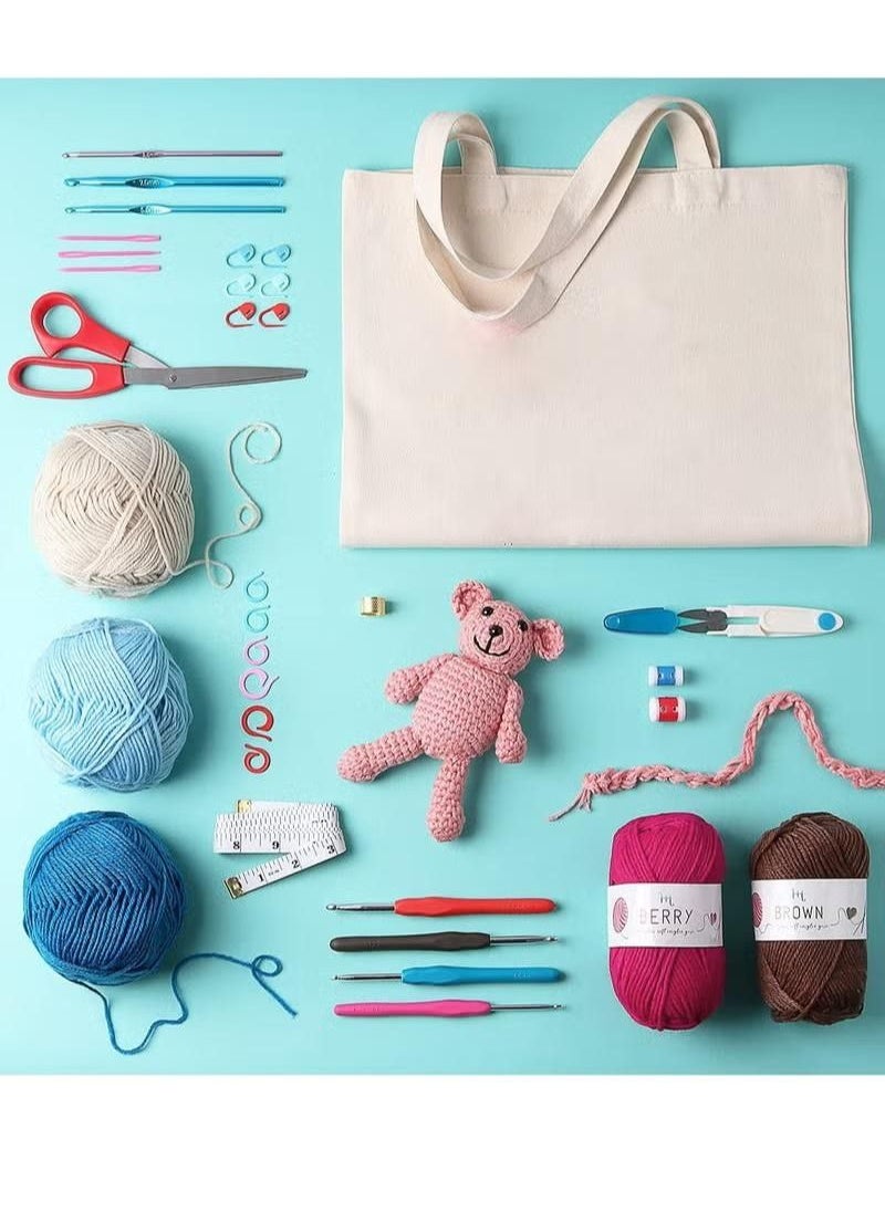 XiuWoo - 73 Piece Crochet Kit with Hooks Yarn Set Premium Bundle Includes Balls Needles Accessories Canvas Tote Bag and Lot More Starter Pack for Kids Adults Beginner Professionals - Image 1