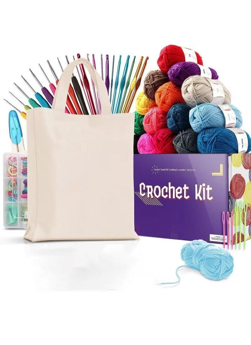 XiuWoo - 73 Piece Crochet Kit with Hooks Yarn Set Premium Bundle Includes Balls Needles Accessories Canvas Tote Bag and Lot More Starter Pack for Kids Adults Beginner Professionals - Image 1