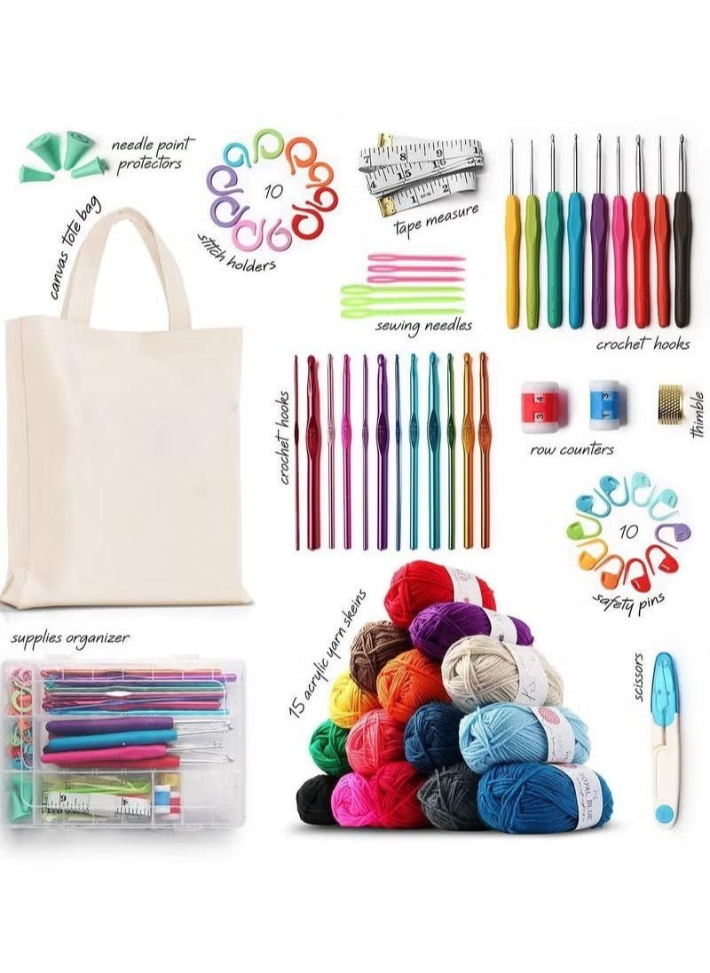 XiuWoo - 73 Piece Crochet Kit with Hooks Yarn Set Premium Bundle Includes Balls Needles Accessories Canvas Tote Bag and Lot More Starter Pack for Kids Adults Beginner Professionals - Image 1