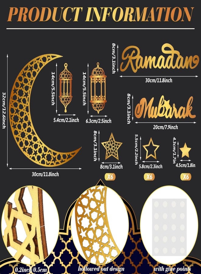 Geelin 23 Pcs Ramadan Decorations for Home 2025 Ramadan Eid Mubarak Wall Decor Islamic Wooden Gold Moon Star Lantern Wall Art Sign for Living Room Bedroom Muslim Arabic Party Supplies(Classic) - Image 3