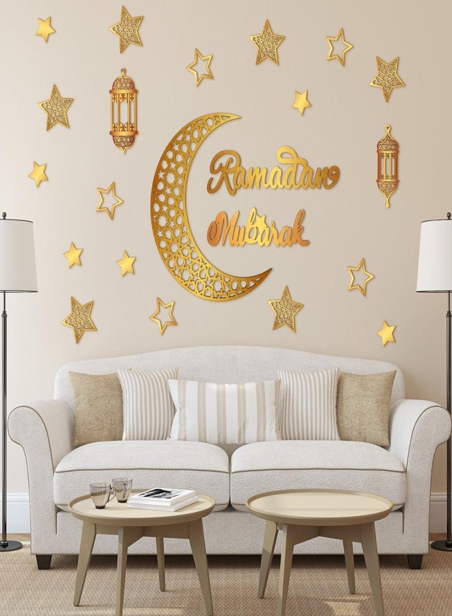Geelin 23 Pcs Ramadan Decorations for Home 2025 Ramadan Eid Mubarak Wall Decor Islamic Wooden Gold Moon Star Lantern Wall Art Sign for Living Room Bedroom Muslim Arabic Party Supplies(Classic) - Image 4