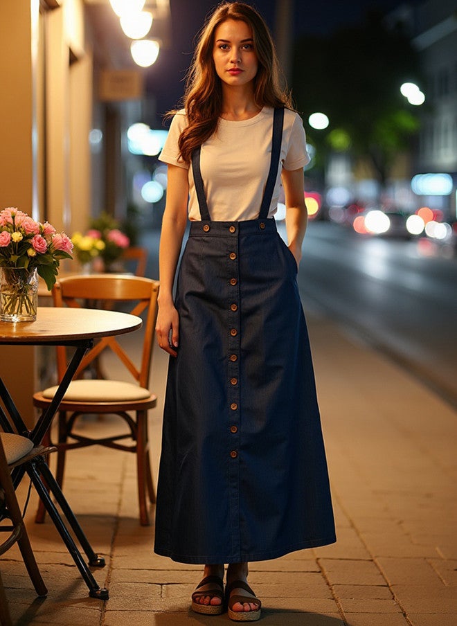 StyleStone Women Blue Denim Maxi Pinafore Skirt - Image 1