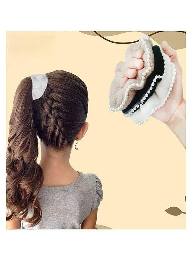FICTIOUS Elegant Velvet & Pearl Hair Scrunchies - Thick Soft Elastic Bands for Ponytails - Stylish Accessories for Women & Girls (MULTICOLOR) (PACK OF 3) - Image 3