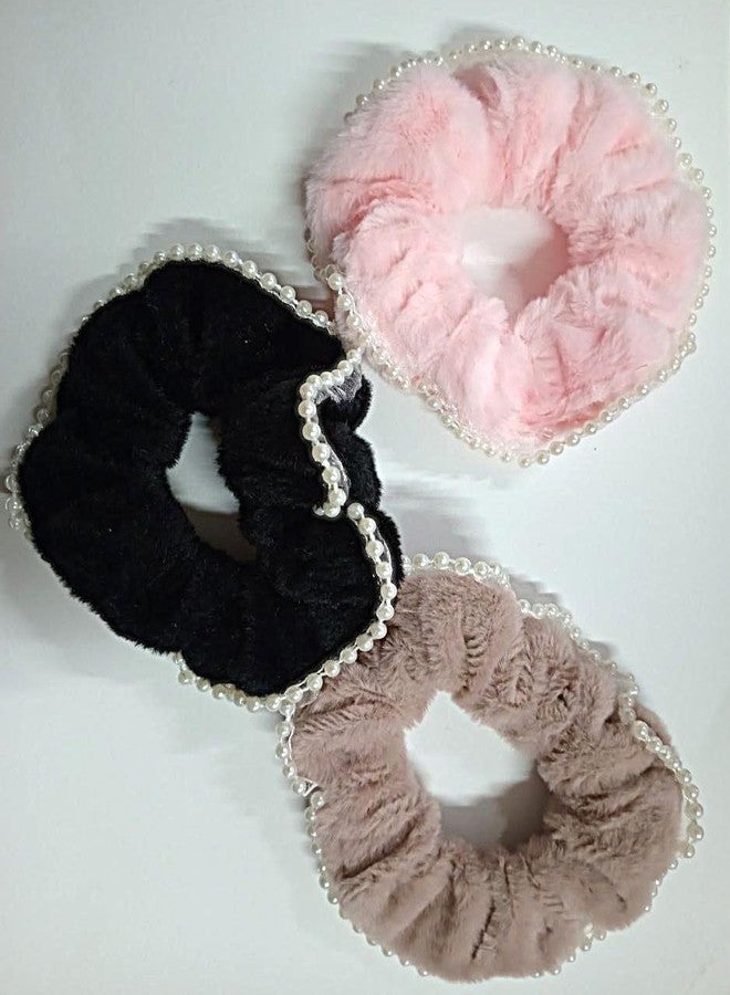 FICTIOUS Elegant Velvet & Pearl Hair Scrunchies - Thick Soft Elastic Bands for Ponytails - Stylish Accessories for Women & Girls (MULTICOLOR) (PACK OF 3) - Image 1