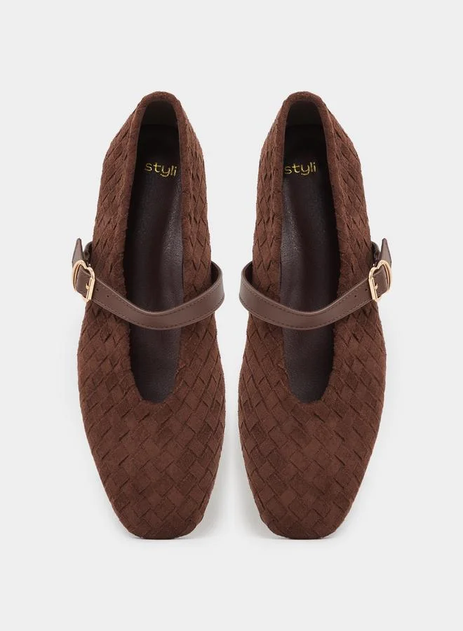 Styli  Brown Woven Mary Jane Ballerina Flats for Women | Best Price UAE