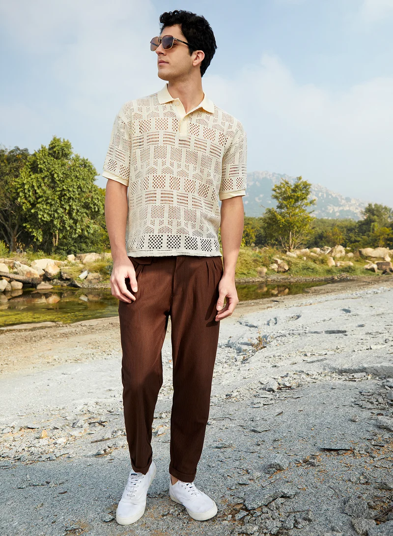 Campus Sutra Men's Buff Beige Geo-Boho Oversized Polo T-Shirt