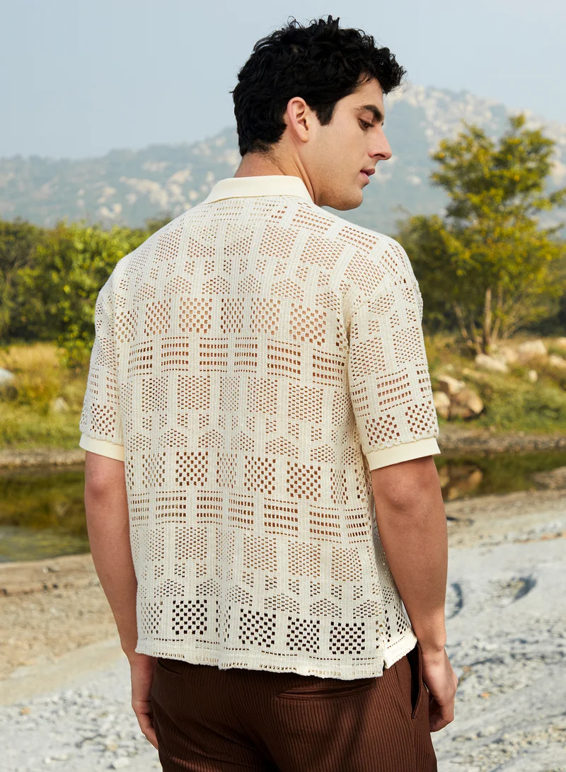 Campus Sutra Men's Buff Beige Geo-Boho Oversized Polo T-Shirt