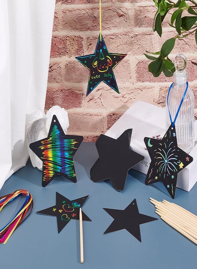 AHANDMAKER 96 Sets Star Rainbow Scratch Kit, Black Star Shaped Scratch Off Paper with Bamboo Tools and Hanging Ribbons for Home Decoration Party Favors Gift Making - Image 4