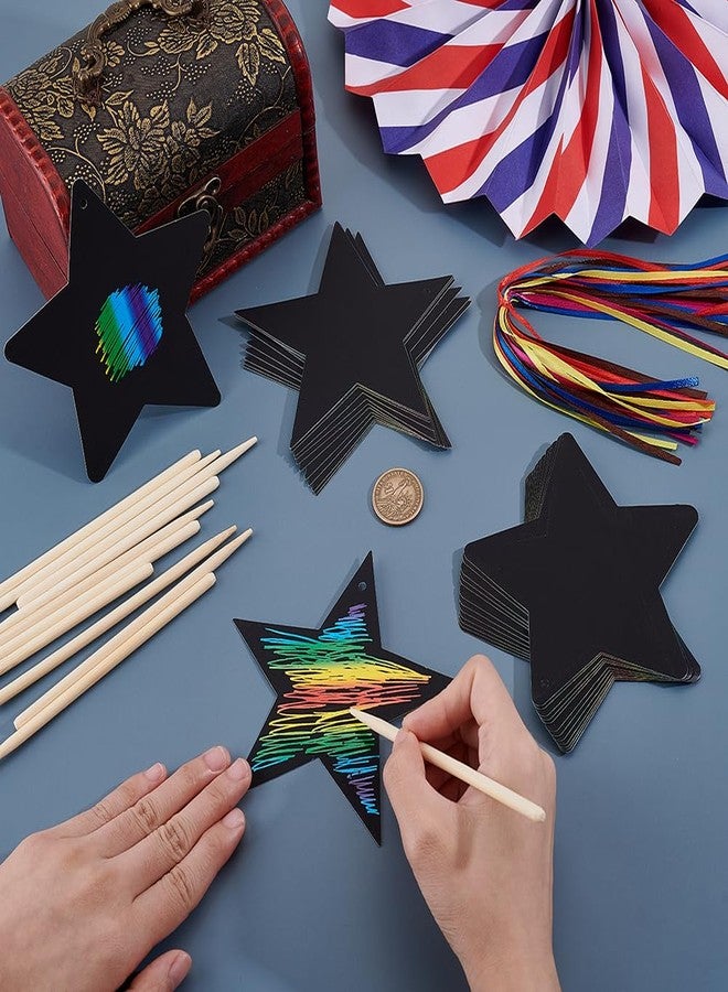 AHANDMAKER 96 Sets Star Rainbow Scratch Kit, Black Star Shaped Scratch Off Paper with Bamboo Tools and Hanging Ribbons for Home Decoration Party Favors Gift Making - Image 3