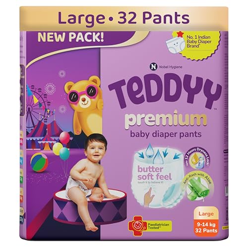 Teddyy Premium Baby Diaper L size, Pant Style | Large (9-14 kg), 32 Pants | Butter Soft Feel, Anti-Rash with Aloe Vera, 12 Hours Dryness Lock - Image 1