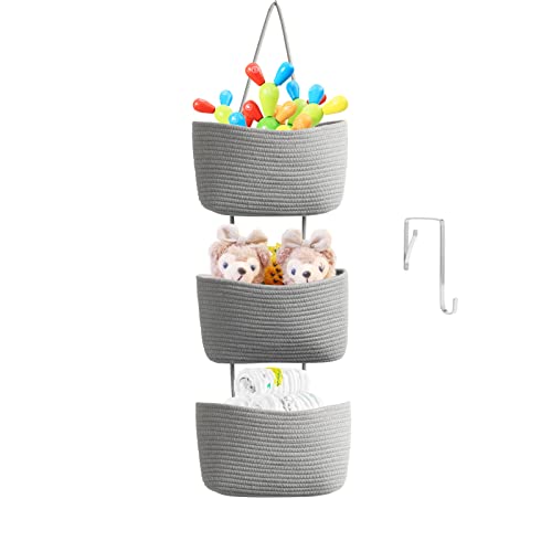 TeoKJ Over the Door Organizer 3Tier Woven Cotton Hanging Kitchen Baskets Storage Organizer Bag with Hooks WallMounted Decorative Rope Baskets  Gray