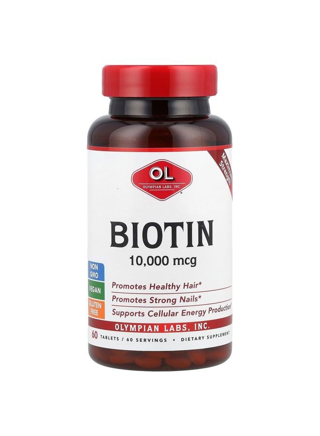 Olympian Labs Max Strength Biotin Vitamin B7 Supplement, 10,000mcg Tablets, Improve Hair, Skin & Nail Growth, 60 Vegan Tablets - Image 1