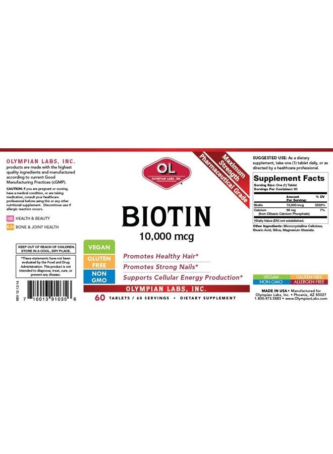 Olympian Labs Max Strength Biotin Vitamin B7 Supplement, 10,000mcg Tablets, Improve Hair, Skin & Nail Growth, 60 Vegan Tablets - Image 3